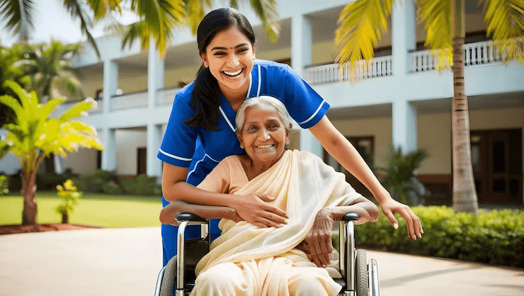 A CareBridge Lanka care coordinator pushing an elderly woman's wheelchair outdoors, both smiling